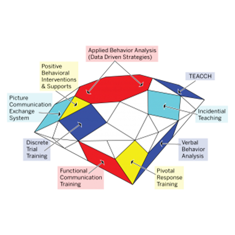 9 colored boxes pointing to different areas of a partially filled in diamond, with these topics, starting from the top, going clockwise: Applied Behavior Analysis (Data Driven Strategies), TEACCH, Incidental Teaching, Verbal Behavior Analysis, Pivotal Response Training, Functional Communication Training, Discrete Trial Training, Picture Communication Exchange System, and Positive Behavioral Interventions & Supports