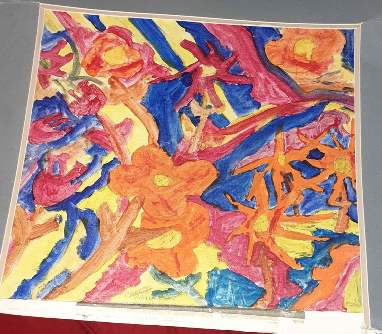 A red, orange, blue and yellow painting of flowers.