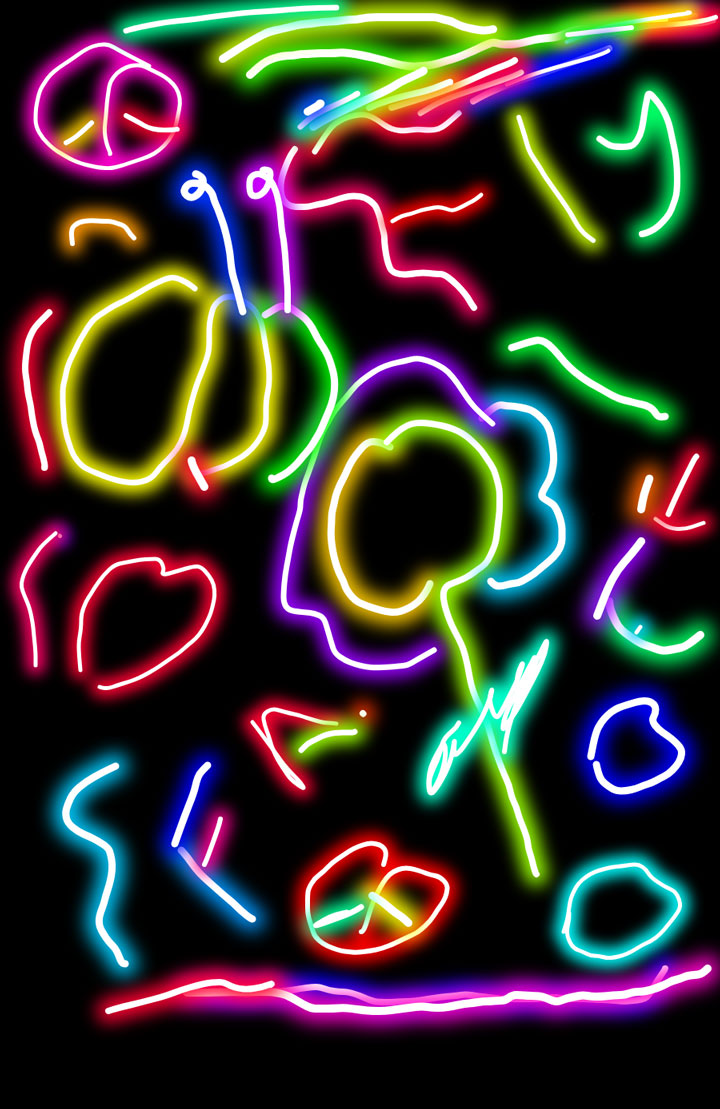 A black digital art piece with various objects like flowers drawn in rainbow neon lines.