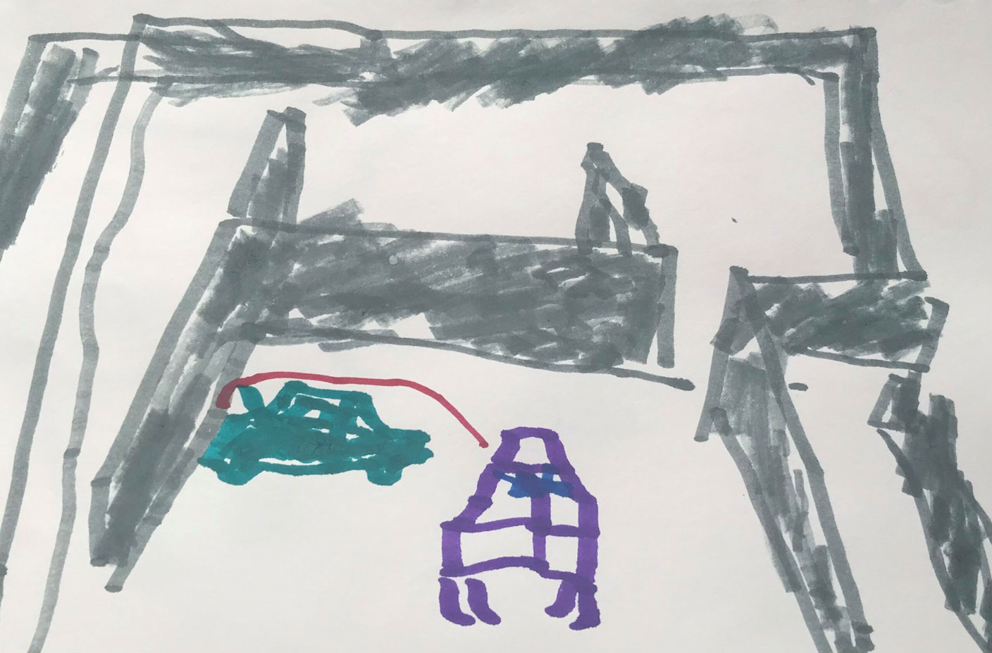 A marker drawing of a car going into a parking garage.