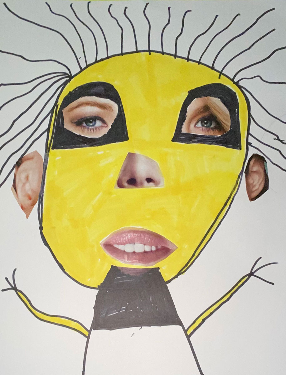 A magazine cutout collage on a drawn person.