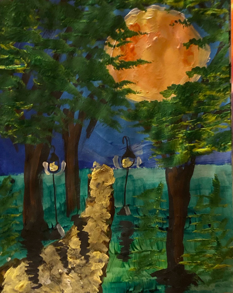 A painting of a lit pathway through the woods.
