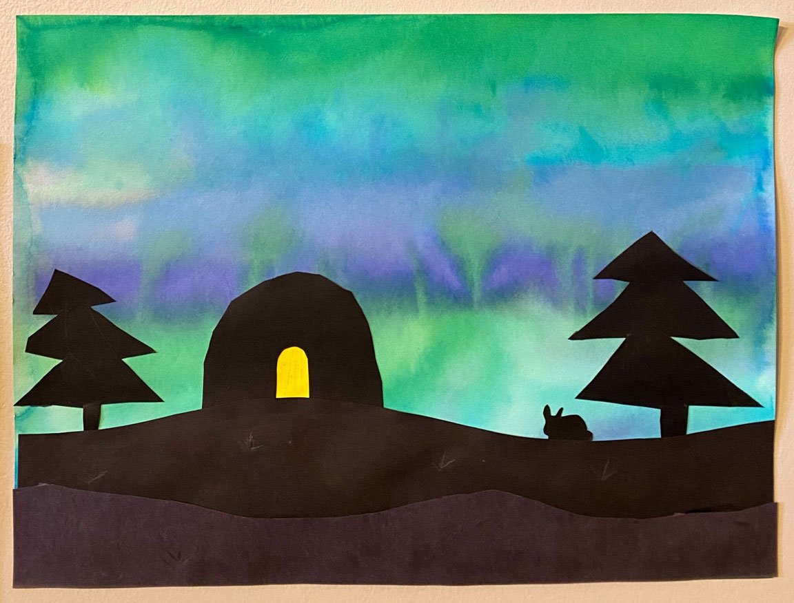 An art piece of the northern lights, with a black igloo and tree in the foreground.