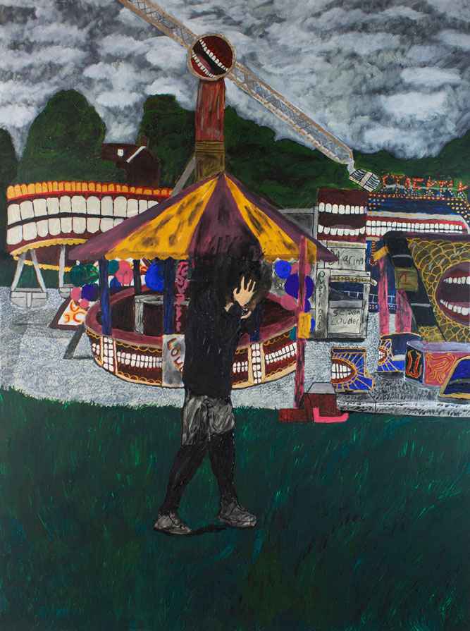 An in color art piece of someone struggling with their mind/thoughts at the carnival.