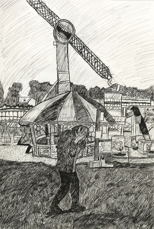 A black and white art piece of someone struggling with their mind/thoughts at the carnival.