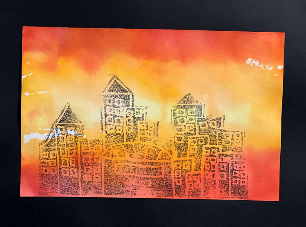 An artwork of a cityscape at sunset.