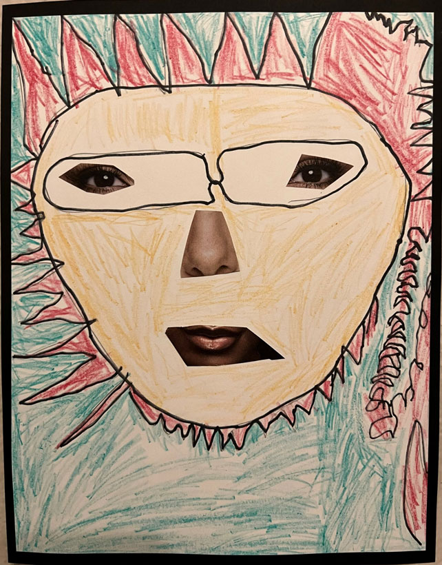 An art piece of a collage with cut out human eyes and mouth.