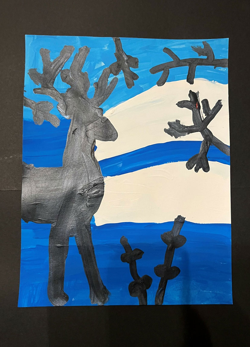 A blue and white winter inspired painting with a deer painted black.