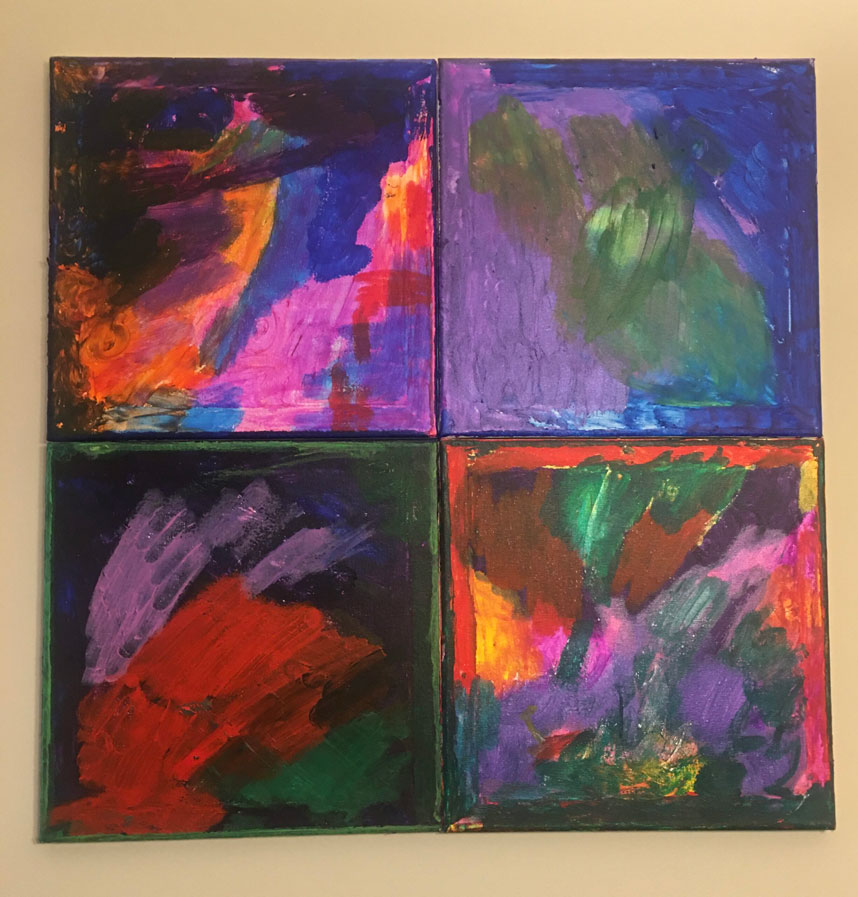 Multiple paintings of mixed colors depicting internal emotions.