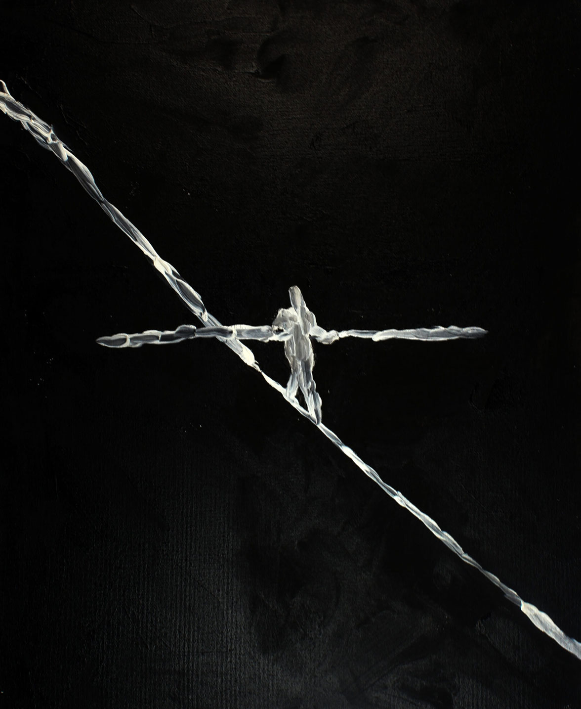A black and white art piece of someone walking a tightrope. 
