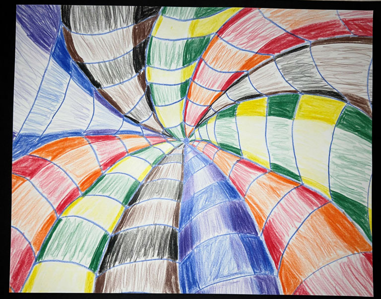 Child's multiple color spiral illusion artwork.