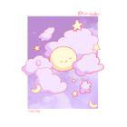 A digital artwork of a smiling sun, surrounded by purplish and pinkish clouds.