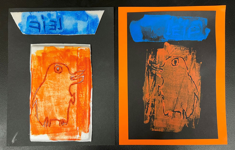 A linocut print of a bird in orange paint. 