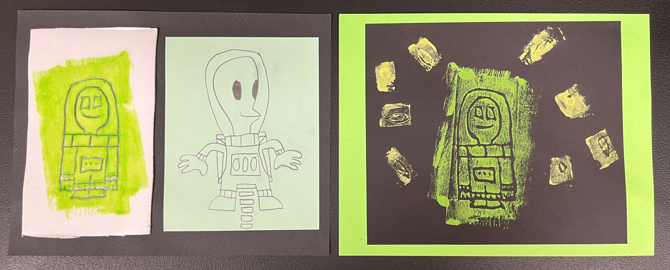 A linocut print of an alien in light green paint. 
