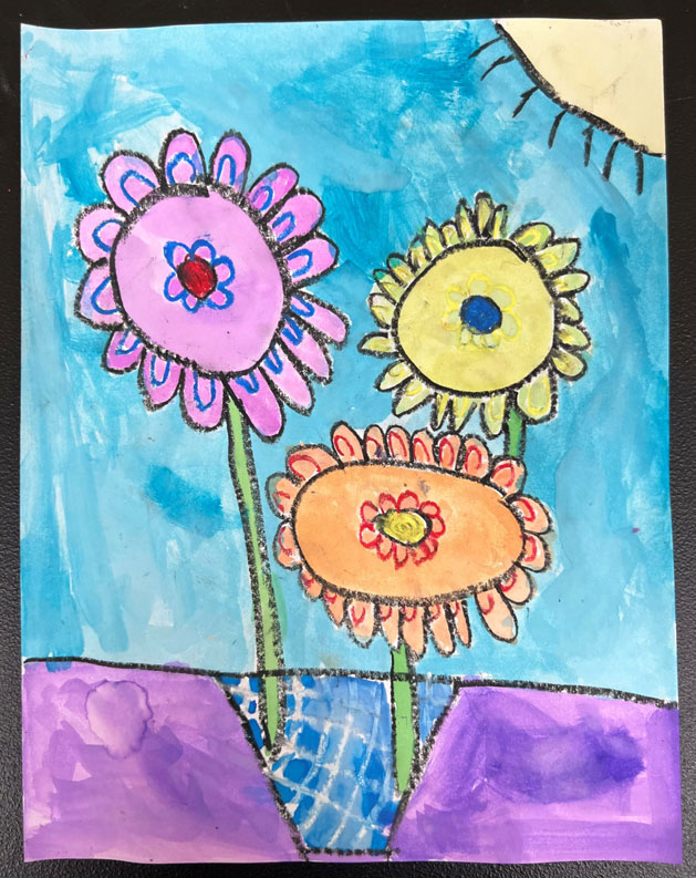 Child's painting of yellow, purple and orange flowers.