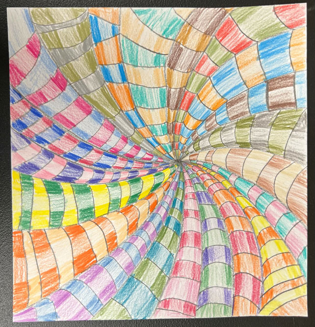 Child's multiple color spiral illusion artwork.
