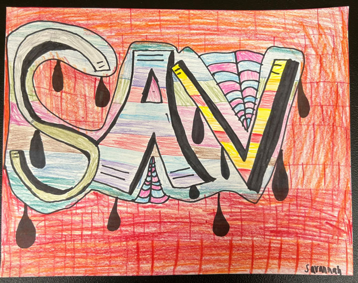 The name 'Sav' in the foreground is colored in multiple primary and secondary colors onto a brick wall background.