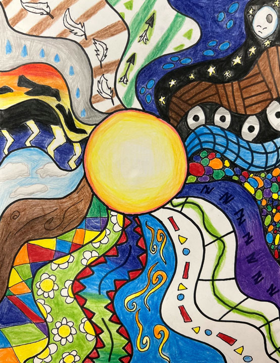 An artwork with a sun in the middle, with rays flowing out with different colors and patterns.