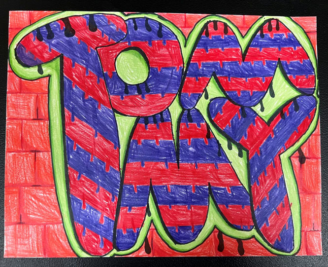 The name 'Tommy' in the foreground is colored in purple and red stripes onto a brick wall background.