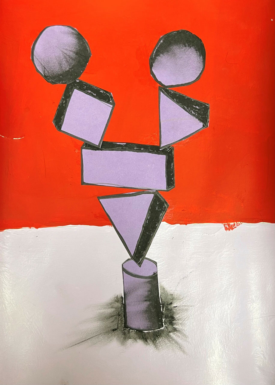 An artwork with light purple 3D shapes on top of a white and red background.