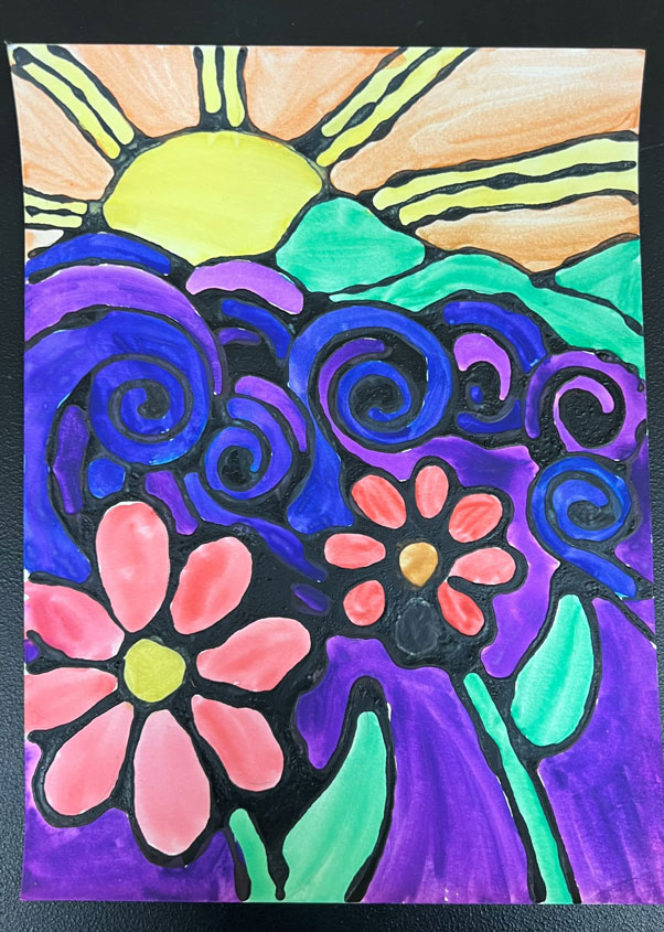 A painting of a multicolored valley, with pink flowers, indigo and purple rolling hills, a green valley and a yellow sun with a orange sunset.
